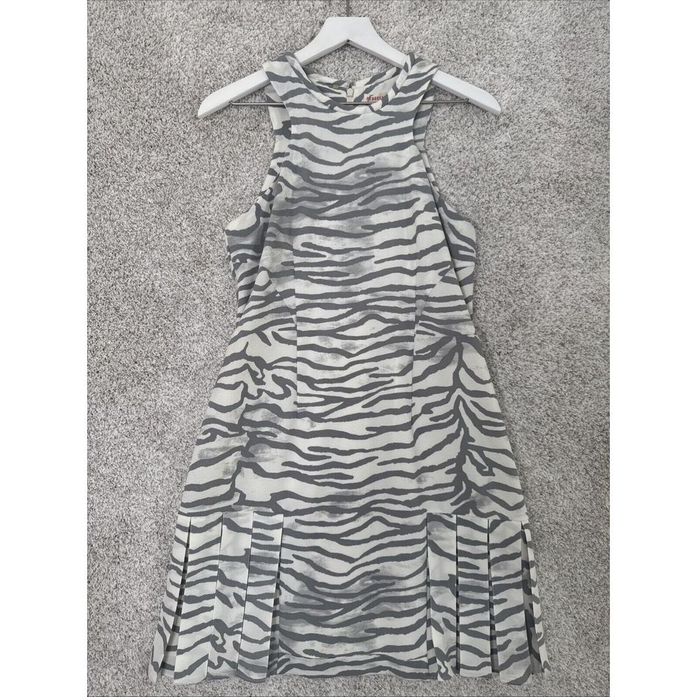 Rebecca Taylor Gray White Zebra Print Pleated Flounce Hem Mini Dress Size 8‎